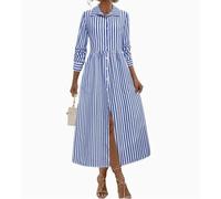 DSAoTeng Women Button Down Stripe Long Sleeve Loose Maxi Shirt Dress-Casual Fashion V Neck Lapel Cotton Tunic Dress for Spring Summer (Blue,XL)
