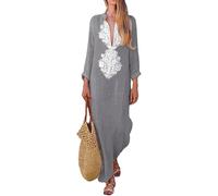 DSAoTeng Women Cotton Linen V Neck Long Sleeve Boho Floral Dress-Elegant Casual Loose Fit Pleated Straight Maxi Beach Dress for Fall Winter (Gray,XXL)