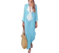 DSAoTeng Women Cotton Linen V Neck Long Sleeve Boho Floral Dress-Elegant Casual Loose Fit Pleated Straight Maxi Beach Dress for Fall Winter (Light Blue,S)