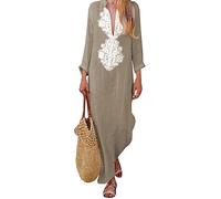 DSAoTeng Women Cotton Linen V Neck Long Sleeve Boho Floral Dress-Elegant Casual Loose Fit Pleated Straight Maxi Beach Dress for Fall Winter (Khaki,L)