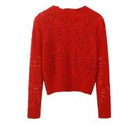 DSAoTeng Women Crew Neck Hollow Flower Long Sleeved Cashmere Sweater-Casual Loose Soft Solid Color Knit Pullover Tops for Office Winter Wear (Red,M)