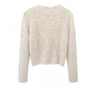 DSAoTeng Women Crew Neck Hollow Flower Long Sleeved Cashmere Sweater-Casual Loose Soft Solid Color Knit Pullover Tops for Office Winter Wear (Off White,S)