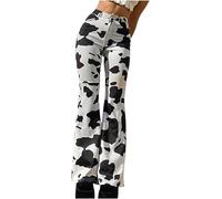 DSAoTeng Women Flare Straight Leg Cow Print High Waist Jeans Pants with Pockets-Casual Stretchy Long Denim Trousers for Daily Outdoor Work Wear (White,L)