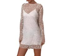 DSAoTeng Women Glitter Semi Sheer Mesh Long Sleeve Slip Mini Dress Set-Casual Sexy Rhinestone Sparkly Crew Neck Dress for Party Cocktail Clubwear (White,M)