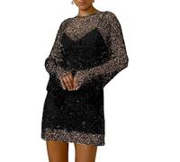 DSAoTeng Women Glitter Semi Sheer Mesh Long Sleeve Slip Mini Dress Set-Casual Sexy Rhinestone Sparkly Crew Neck Dress for Party Cocktail Clubwear (Black,XXL)