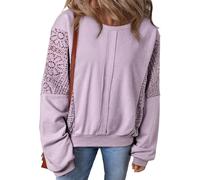DSAoTeng Women Knit Crochet Exposed Seam Floral Ribbed Trim Sweatshirt-Casual Long Sleeve Loose Crewneck Tunic Top Winter Pullover (Purple,XL)