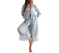 DSAoTeng Women Lace Trim 2 Piece Pajamas Sets - Y2K Hollow Lace Tie Front V Neck Short Sleeve Loungewear Set Ruffle Loose Fit Long Bloomer Pants Sleepwear for Home Vacation (Blue,M)