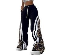 DSAoTeng Women Leopard Print Striped Wide Leg Drawstring Waist Pants-with Pockets Casual Elastic Loose High Waist Trousers Y2K Streetwear (L)