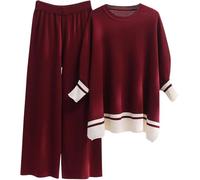 DSAoTeng Women Long Sleeve Knitted Pullover Tops Wide Leg Pant Set-Stylish Casual High Elasticity Knit Sweater Trousers Lounge Wear Outfit for Travel Home (Red)