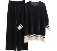 DSAoTeng Women Long Sleeve Knitted Pullover Tops Wide Leg Pant Set-Stylish Casual High Elasticity Knit Sweater Trousers Lounge Wear Outfit for Travel Home (Black)