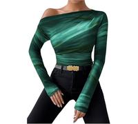 DSAoTeng Women Long Sleeve Off The Shoulder Slim Fit Crop Tops-Casual Sexy Y2K Tie Dye Ruffled Sleeve Asymmetric T Shirt Going Out Top (Green,L)