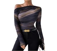 DSAoTeng Women Long Sleeve Off The Shoulder Slim Fit Crop Tops-Casual Sexy Y2K Tie Dye Ruffled Sleeve Asymmetric T Shirt Going Out Top (Brown,S)