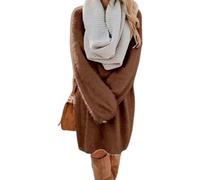 DSAoTeng Women Loose Furry Knit Pullover Tunic Sweater Dress-Casual Oversized Crewneck Warm Fuzzy Plush Long Sleeve Midi Dress for Winter Holiday Party (Brown,XXL)