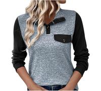 DSAoTeng Women Loose Long Sleeve Polo Neck Pullover TunicTops-Casual Elegant Color Block Button Up Lapel Sweatshirts Daily Office Wear (Light Blue,L)