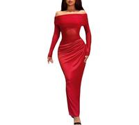 DSAoTeng Women Off Shoulder Long Sleeve See Through Mesh Cutout Ruched Maxi Dress-Elegant Sexy Bodycon Dress Party Club Cocktail Night Out Wear (Red,M)