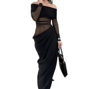 DSAoTeng Women Off Shoulder Long Sleeve See Through Mesh Cutout Ruched Maxi Dress-Elegant Sexy Bodycon Dress Party Club Cocktail Night Out Wear (Black,XL)