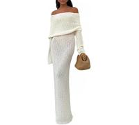 DSAoTeng Women Off Shoulder Maxi Dress - Spring Sexy Knit Crochet Beach Cover Up, Long Sleeve Mesh Bodycon Wrap Dresses, Flowy Bell Sleeve Boho Outfit for Vacation Party Wedding Guest (White,M)