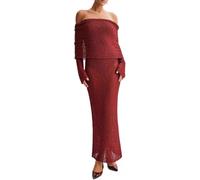 DSAoTeng Women Off Shoulder Maxi Dress - Spring Sexy Knit Crochet Beach Cover Up, Long Sleeve Mesh Bodycon Wrap Dresses, Flowy Bell Sleeve Boho Outfit for Vacation Party Wedding Guest (Red,S)