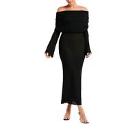DSAoTeng Women Off Shoulder Maxi Dress - Spring Sexy Knit Crochet Beach Cover Up, Long Sleeve Mesh Bodycon Wrap Dresses, Flowy Bell Sleeve Boho Outfit for Vacation Party Wedding Guest (Black,S)