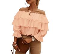 DSAoTeng Women Off Shoulder Ruffle Long Sleeve Tops-Casual Loose Fit Lantern Sleeve Pullover Tunic Blouse Top for Party Daily Wear (Pink,L)