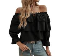 DSAoTeng Women Off Shoulder Ruffle Long Sleeve Tops-Casual Loose Fit Lantern Sleeve Pullover Tunic Blouse Top for Party Daily Wear (Black,XL)