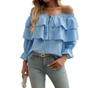 DSAoTeng Women Off Shoulder Ruffle Long Sleeve Tops-Casual Loose Fit Lantern Sleeve Pullover Tunic Blouse Top for Party Daily Wear (Light Blue,L)