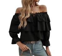 DSAoTeng Women Off Shoulder Ruffle Long Sleeve Tops-Casual Loose Fit Lantern Sleeve Pullover Tunic Blouse Top for Party Daily Wear (Black,XL)