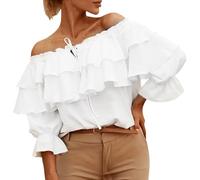 DSAoTeng Women Off Shoulder Ruffle Long Sleeve Tops-Casual Loose Fit Lantern Sleeve Pullover Tunic Blouse Top for Party Daily Wear (White,L)
