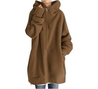 DSAoTeng Women Oversize Zip Up Long Sleeve Hoodies Sweatshirt-With Pockets Casual Solid Color Fleece Warm Long Tunic Hooded Outerwear Fall Winter Wear (Coffee,L)