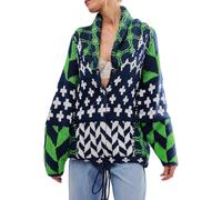 DSAoTeng Women Oversized Graphic Button Down Collar Cardigans Coats-Casual Fashion Colorful Y2K Knit Long Sleeve Sweater Fall Winter (Green)