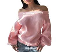 DSAoTeng Women Oversized Off Shoulder Bow Pullover Sweatshirt-Casual Cozy Cute Loose Ribbon Bowknot Long Sleeve Top for Fall Winter Wear (L)
