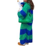 DSAoTeng Women Oversized Open Front Long Sleeve Knit Striped Long Cardigan-Soft Loose Color Block Chunky Duster Sweater Coat for Fall Winter (Blue Green,M)
