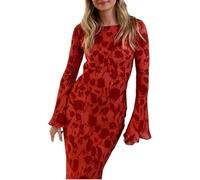 DSAoTeng Women Perspective Crew Neck Long Sleeve Printed Dress-Casual Sexy Slim Fit Floral Long Maxi Dress for Party Cocktail Beach Vacation (Red,M)