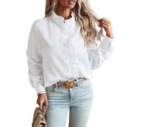 DSAoTeng Women Ruffle Trim Button Down Mock Neck Long Sleeve Shirts-Casual Elegant Striped Frill Collared Blouse Top Fall Office Workwear (White,S)