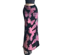 DSAoTeng Women’s Butterfly Print Mermaid Midi Skirt-Casual Vintage Y2k Slim Fit High Waisted Mesh Flare Hem Fishtail Bodycon Flowy A Line Skirt (Rose Red,M)