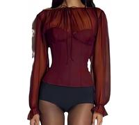 DSAoTeng Women’s Long Sleeve Tie Front Sheer Bow Tulle Top-Sexy Y2K Mesh Lace See Through Off Shoulder Bell Sleeve Crop Corset Blouse (Wine Red,M)