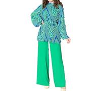 DSAoTeng Women’s Printed Long Sleeve T Shirt Wide Leg Pants Trousers Set-Casual Fashion High Waist Pleated Puff Sleeve Tops Elastic Pants 2 Piece (Blue Green,XXL)