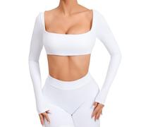 DSAoTeng Women Square Neck Long Sleeve Crop Workout Tops-Slim Fit Solid Color Quick Dry Seamless Built in Bra Pullover Athletic Top for Yoga Gym Running (White,S)