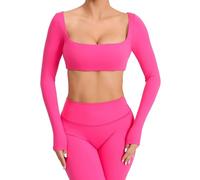 DSAoTeng Women Square Neck Long Sleeve Crop Workout Tops-Slim Fit Solid Color Quick Dry Seamless Built in Bra Pullover Athletic Top for Yoga Gym Running (Rose Red,M)