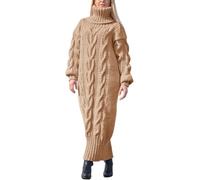 DSAoTeng Women Thick High Neck Knit Pullover Length Sweater Dresses-Casual Solid Color Warm Cable Knit Long Sleeve Winter Maxi Dress (Khaki,S)