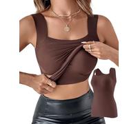DSAoTeng Women U Neck Built in Bra High Stretch Slim Fit Tank Vest-One Piece Solid Color Seamless Sleeveless Shapewear Camisole Workout Tops (Coffee,S)