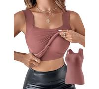 DSAoTeng Women U Neck Built in Bra High Stretch Slim Fit Tank Vest-One Piece Solid Color Seamless Sleeveless Shapewear Camisole Workout Tops (Red Bean,XL)