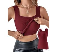 DSAoTeng Women U Neck Built in Bra High Stretch Slim Fit Tank Vest-One Piece Solid Color Seamless Sleeveless Shapewear Camisole Workout Tops (Wine Red,S)