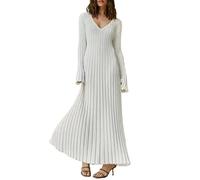 DSAoTeng Women V Neck Bodycon Slim Fit Long Maxi Dress-Elegant Sexy Casual Ribbed Knit Long Sleeve Cocktail Dress for Fall Winter Party Evening Wear (White,S)