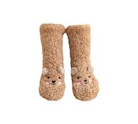 DSAoTeng Women Winter Cute Bear Embroidery Fuzzy Slipper Socks - Cozy Cotton Lining Plush Warm Mid Calf Non Slip Grippers Socks for Bed Sleeping Dorm home lounge Indoor Use (Khaki)