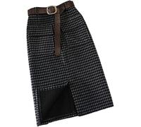 DSAoTeng Women Wool Plaid High Waist Split Midi Skirt with Pockets-Casual Vintage Warm Houndstooth A Line Pencil Skirt for Winter Work (Black,XL)