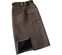 DSAoTeng Women Wool Plaid High Waist Split Midi Skirt with Pockets-Casual Vintage Warm Houndstooth A Line Pencil Skirt for Winter Work (Coffee,L)