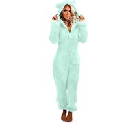 DSAoTeng Women Zipper Up Warm Fluffy Onesies Loungewear with 3D Ears-Casual Soft Fleece Long Sleeve Plush Jumpsuit Winter Sleepwear Homewear (Mint Green,S)