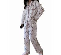 DSAoTeng Womens Cute Heart Long Sleeve Pajama Set - Milk Silk Heart Print Button Down Lapel Lounge Sleepwear Two Piece Fall Pajamas for Outdoor Home All Season Wear (White,M)