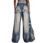 DSAoTeng Women's HIPS Wing Print Diamond Wide Leg Denim Pants-Vintage Washed Distressed Gradient Print Loose Fit Jeans Y2K Streetwear (Blue,S)